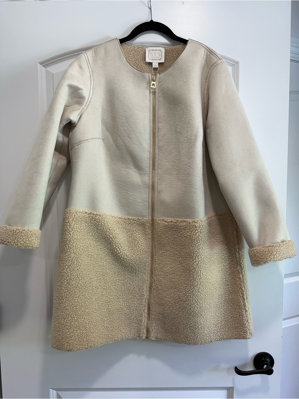 STS Beige Two-Tone Sherpa-Trim Pea Coat